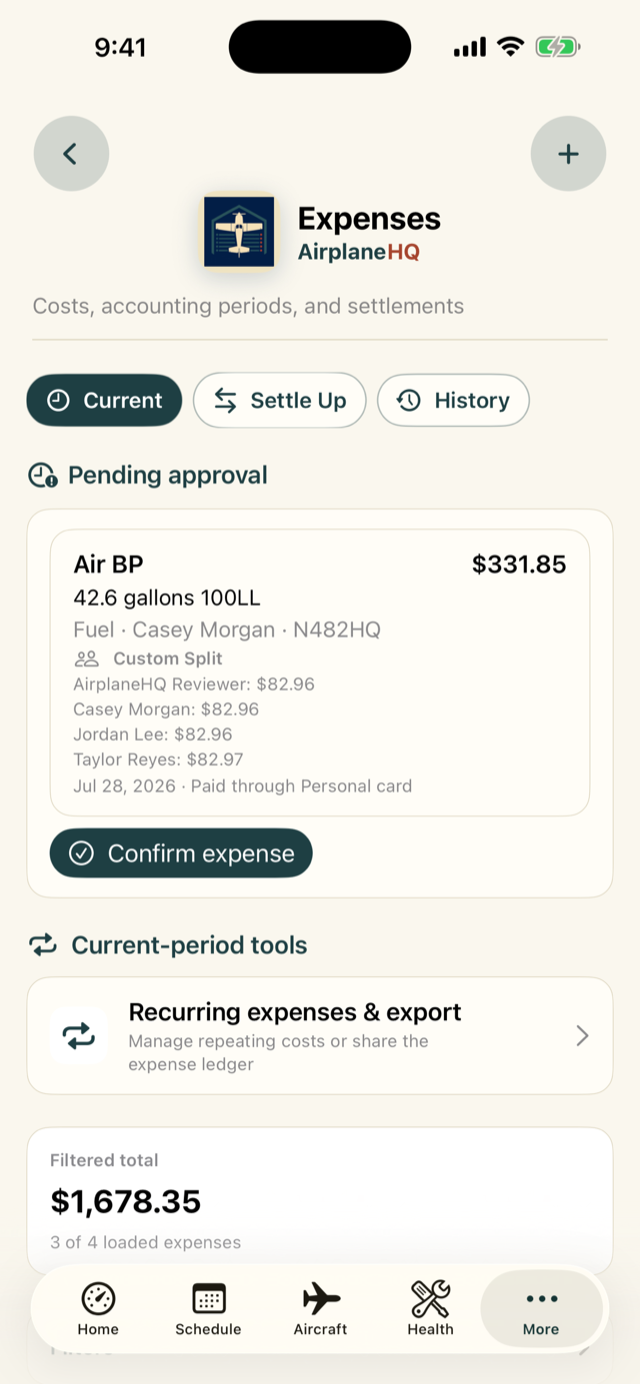 AirplaneHQ partnership expense overview on iPhone
