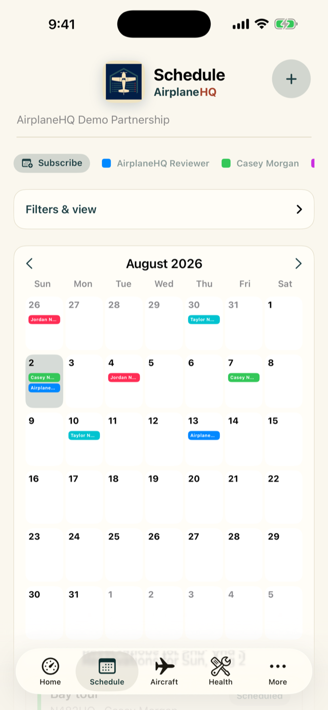 AirplaneHQ shared aircraft schedule on iPhone