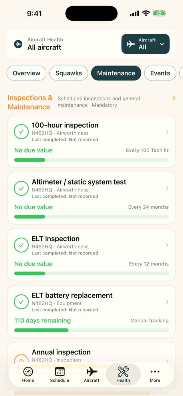 AirplaneHQ maintenance tracker showing inspection status on iPhone